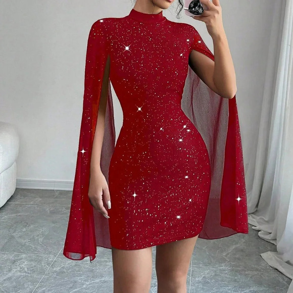 Red Party Women's Fitted Short Casual Mock Neck Flared Sleeve Bodycon Dress - Picture 5 of 7